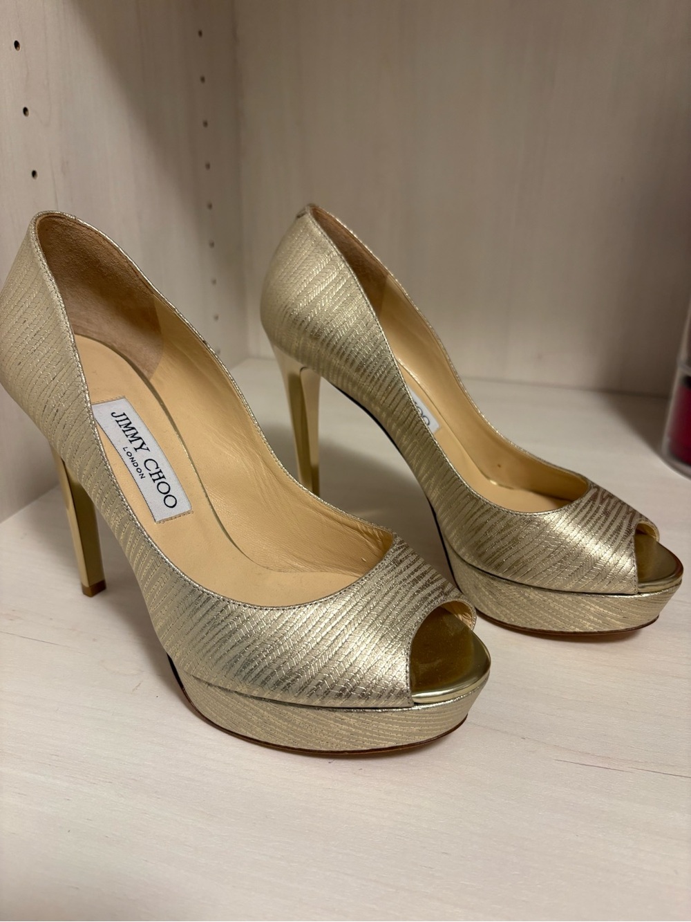 Jimmy Choo Metallic Gold Peep-Toe Platform Heels
